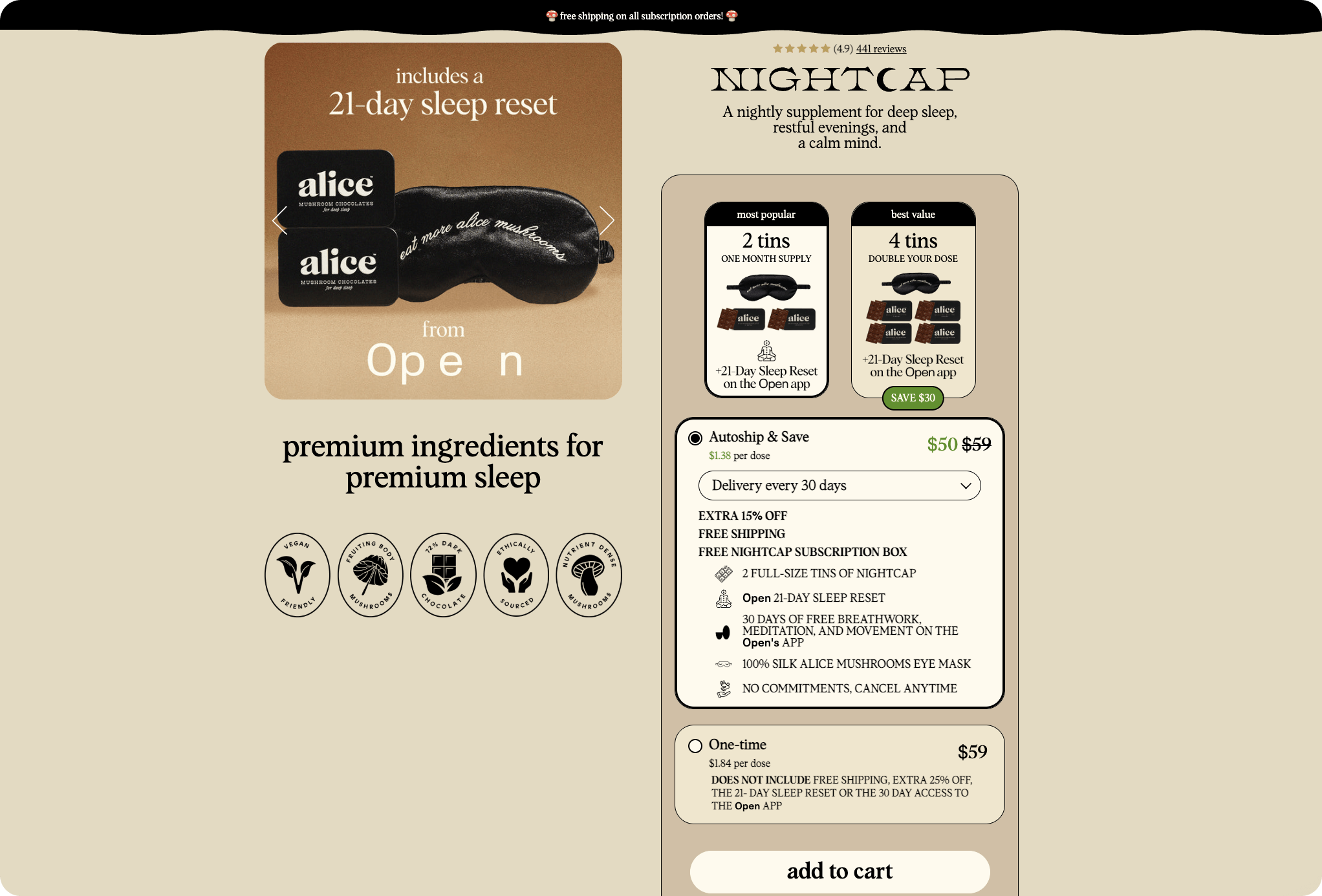 Alice Mushrooms subscription offer varies by SKU