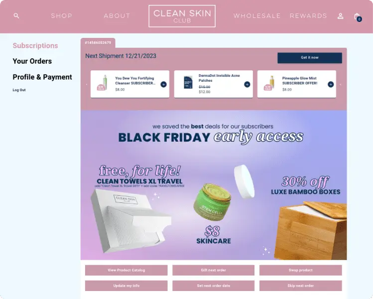 Clean Skin Club exclusive subscriber access in customer portal