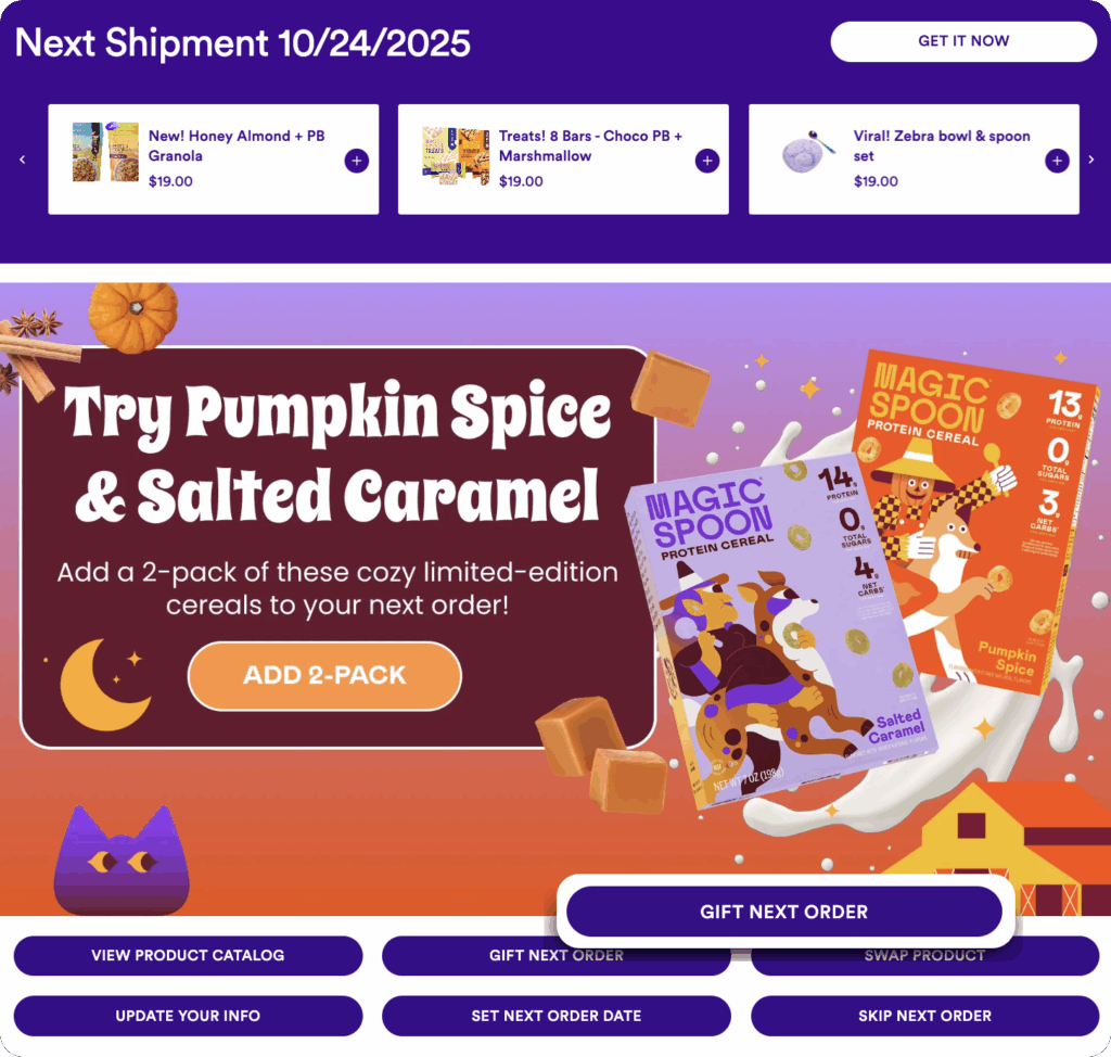 Magic Spoon gift next order in customer portal