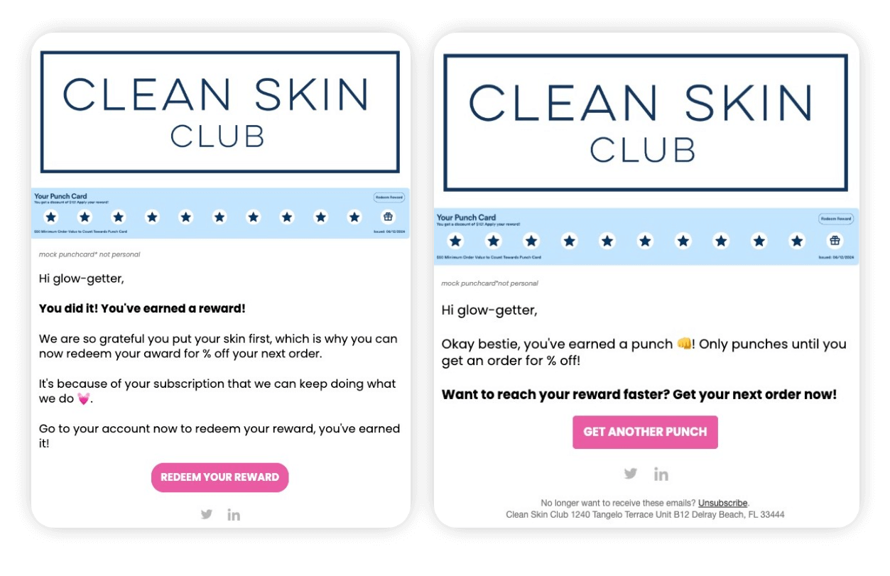 Clean Skin Club DPC notifications to subscribers