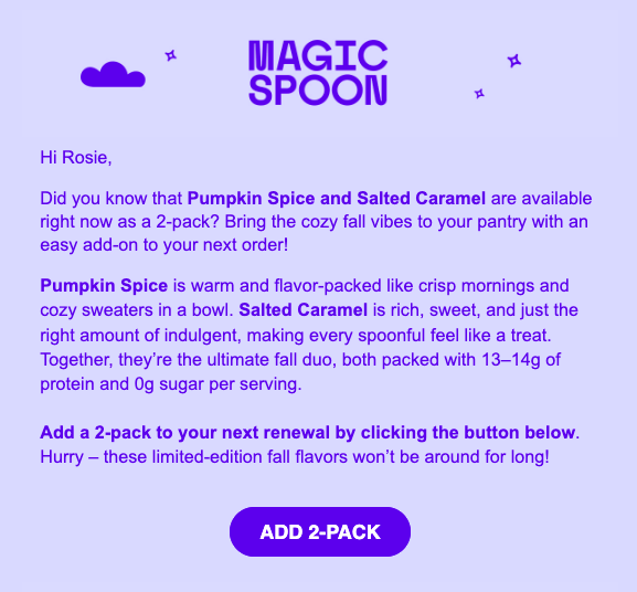 Magic Spoon Quick Action email powered by Stay AI